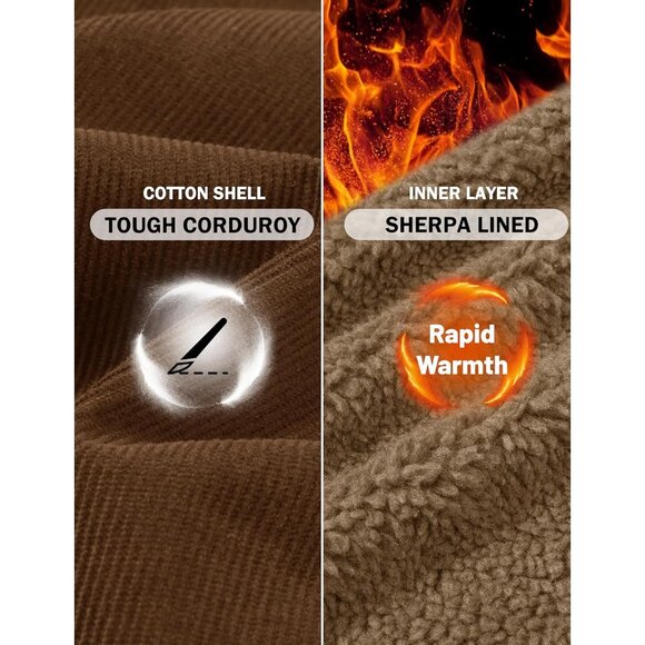 Mens Brown Corduroy Jacket Sherpa Lined Warm Winter Trucker Cargo Coat - Picture 5 of 7